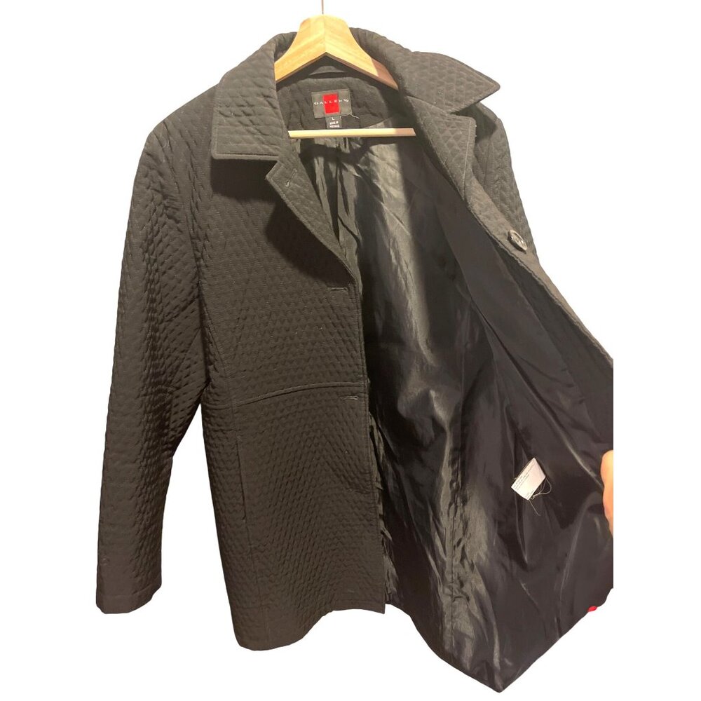Gallery Womens Quilted Black Trench Coat Button-Front Size L - Picture 9 of 13